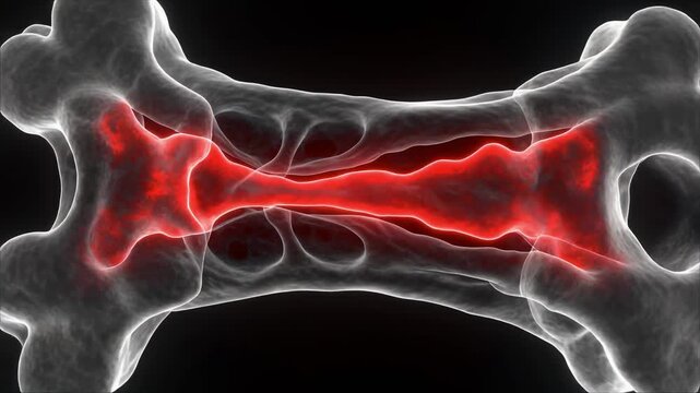 Osteocyte canalicular network with red fluid waves in cortical bone science visualization