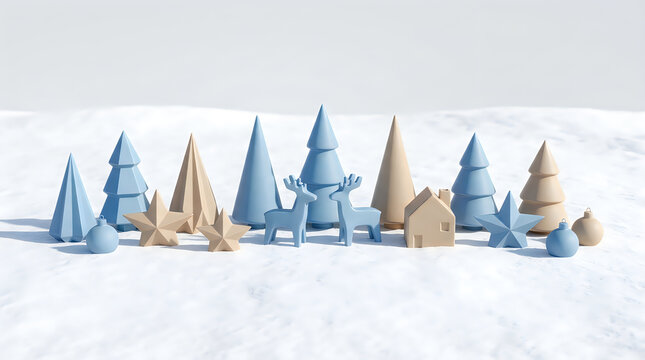 Minimalist wooden christmas decorations with trees deer and house figures on a snowy surface