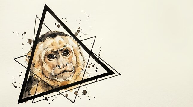 A hand-drawn watercolor illustration of a monkey face set within a geometric triangle frame with artistic ink drops. Perfect for tattoo designs makhenda or an animal-themed art collection. monkey