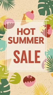 summer sale banner with tropical icons and beach elements retro beige and brown illustration featuring ice cream, pineapple and palm motifs