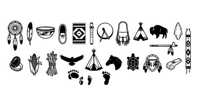 Native American Cultural Heritage Silhouette Icon Set Featuring Dreamcatchers Teepees Totems Feathers Bison Turtles and Indigenous Tribal Pattern Design Elements Vector Pack