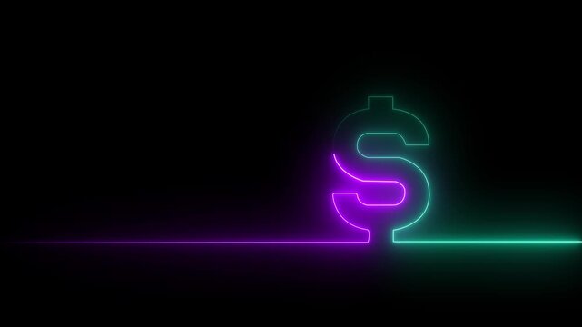 Neon glowing single line in shape of symbol of American currency Dollar on a black background. Bright red and green laser oneline illustration for financial or economic background