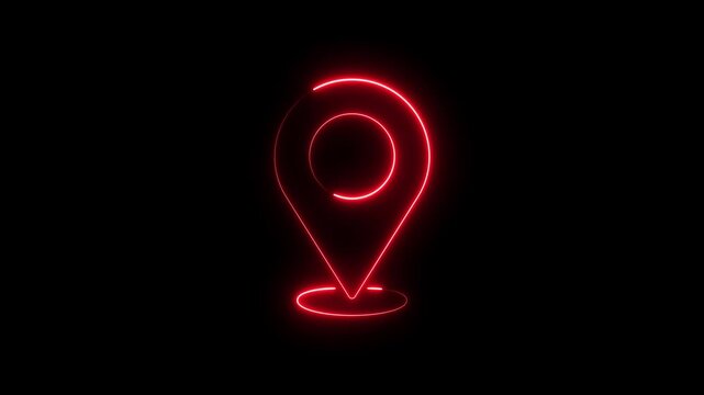 Glowing red neon map pin location marker animation on black background