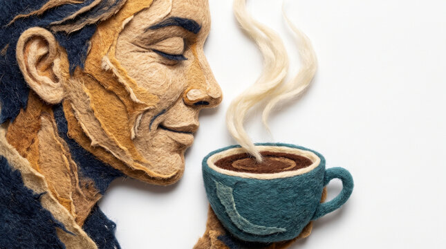 Woman enjoying coffee aroma with steam rising from blue cup  