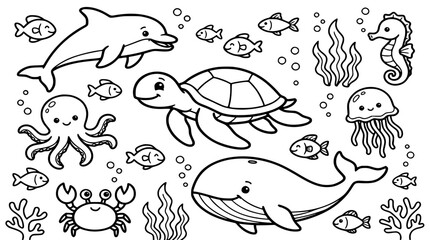 Obraz premium Cute Marine Life and Sea Animals Line Drawing Collection Featuring Kawaii Whale Dolphin Sea Turtle Octopus and Coral Reef Elements for Children Coloring Book Layoutsocean, sea, marine, life, animal, 