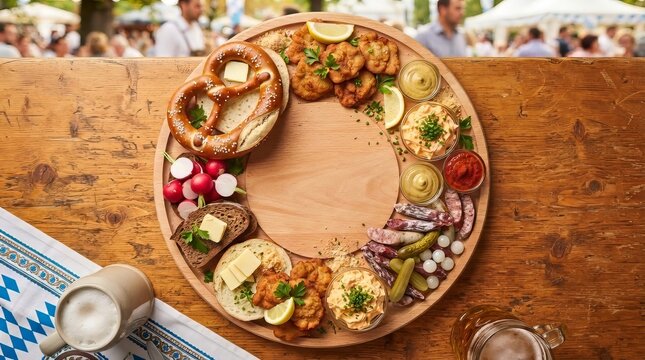 Traditional Bavarian platter with pretzel, schnitzel, sausage and beer on wooden table. Oktoberfest festival food concept. German beer garden cuisine and folk celebration