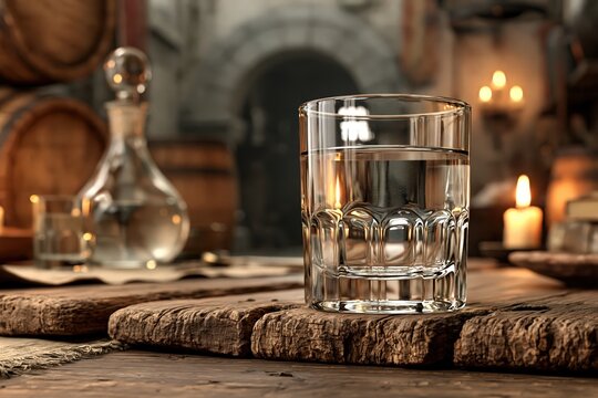 Glass of moonshine liquor on rustic wooden tavern table with candles