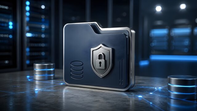 Blue metallic folder with shield padlock and database disks. Concept of database encryption, cyber security, and information storage.