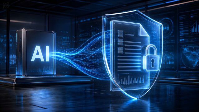 Glowing AI box emitting blue light toward glass document lock. Concept of artificial intelligence analytics, smart contract, and data processing.