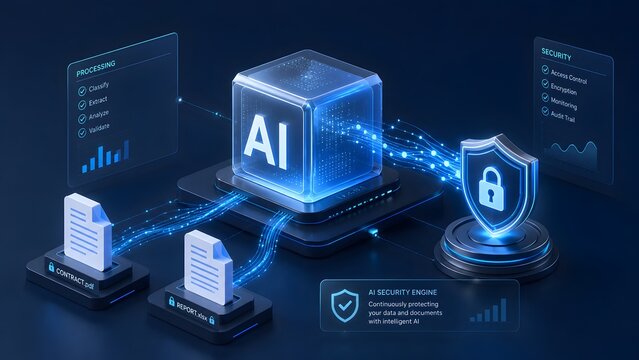 Isometric glowing AI cube processing documents near shield padlock. Concept of automated document validation and artificial intelligence security.