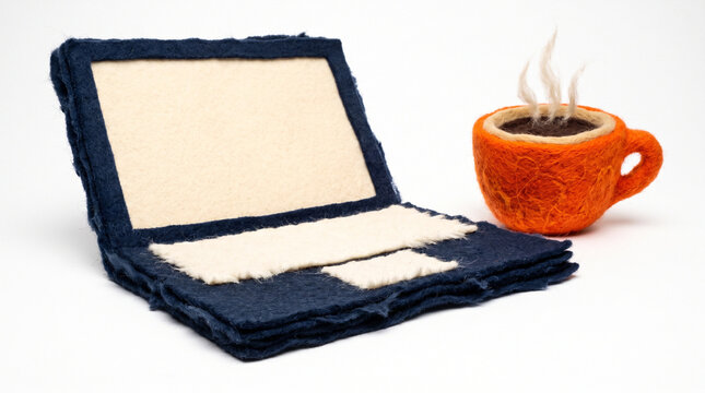 Felt laptop and orange coffee cup with steam on a white background  