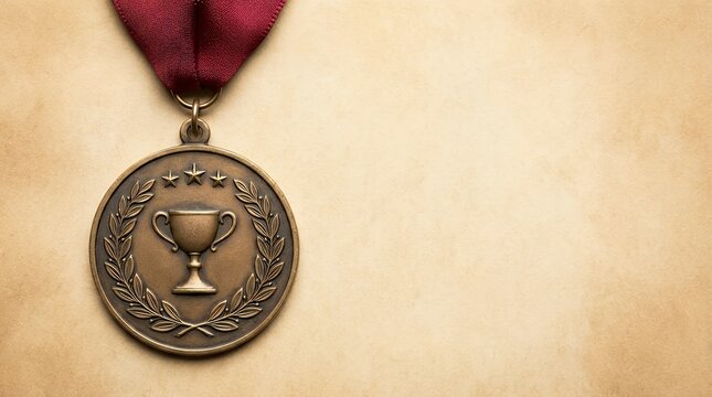 A bronze medal with laurels stars and a cup on a red ribbon representing victory best product service or employee and first place concept symbolizing achievement in sports and beyond. bronze medal