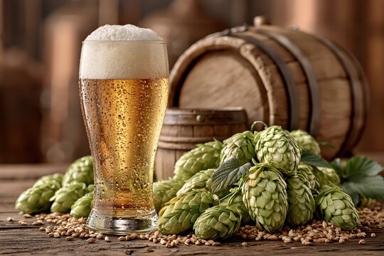 Fresh craft beer glass with wooden barrel and green hops background