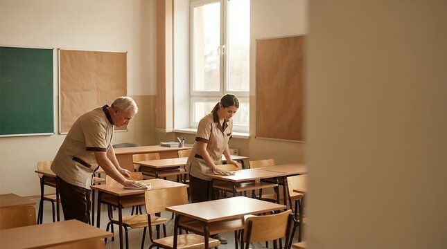 A Dedicated and Heartwarming Scene of Janitors Meticulously Cleaning Classrooms to Prepare for the New School Year. Their work embodies the important often unseen effort that ensures a clean safe and