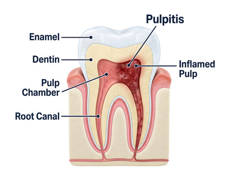Tooth cross-section showing pulpitis and inflamed pulp isolated on white background