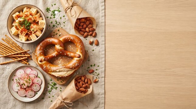 Top view of german pretzel with salt on wooden board served with cheese cube radish slice almond and breadstick. Bavarian snack and Oktoberfest food concept with big copy spaces.