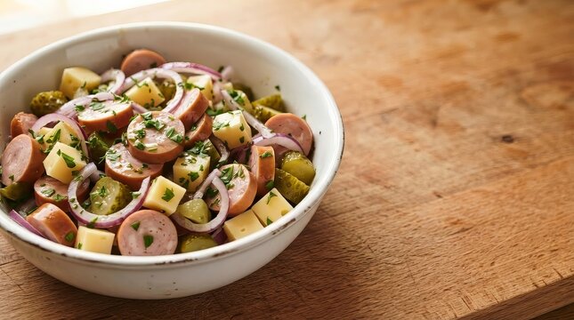 Bowl of traditional sausage salad with cheese cube, pickle, red onion and fresh herb on wooden table. German wurst salad appetizer. Homemade savory snack and hearty meal concept