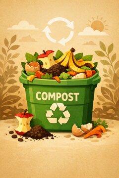 Green compost bin overflowing with fruit and vegetable scraps for eco composting poster and sustainable gardening infographic background