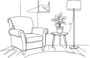 Fototapeta premium Continuous single line drawing of a comfortable armchair and a small bedside table with a lamp and a plant in a cozy living room interior design concept