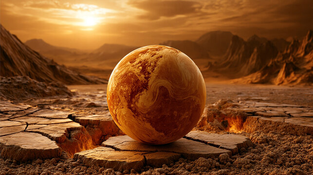 Venus planet sphere resting on basaltic lava surface under sulfuric acid clouds. Astronomy and planetology concept. 3D landscape illustration for space exploration, sci-fi background	