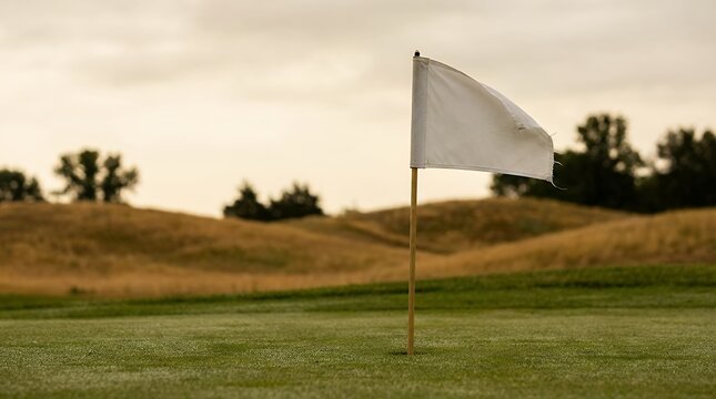 A white flag on a golf course a symbol of surrender peace or a marker on the green representing the game of golf and its traditions. white flag white flag on golf course golf white flag golf course