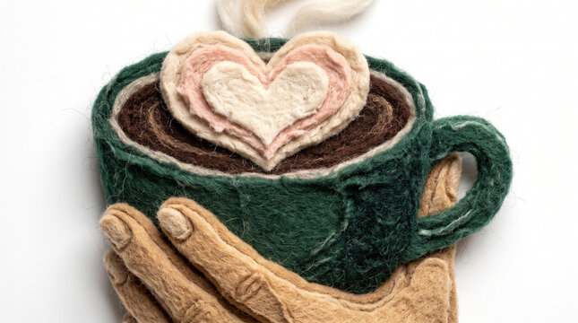 Hand holding a green coffee cup with heart-shaped foam art  