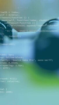 Programming code animation over blurred molecular structure in scientific background