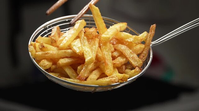 Close up of piping hot crispy golden french fries on a wire strainer.