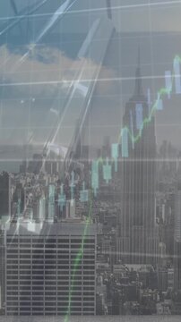 Animation of financial data processing over cityscape