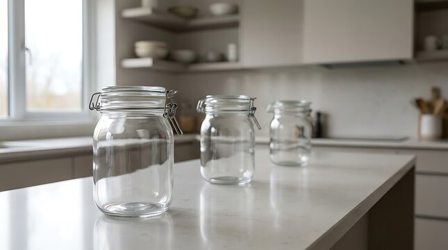 Drei gl&auml;serne einmachglas leer stehen auf einer modernen k&uuml;chenarbeitsplatte in der k&uuml;che