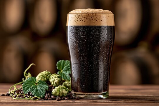 Dark stout beer glass with fresh hops and roasted malt brewery background