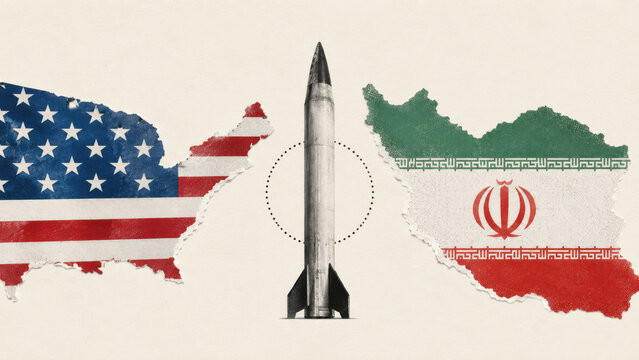 US and Iran tensions and the threat of military escalation pictured through a ballistic missile placed between two flag maps