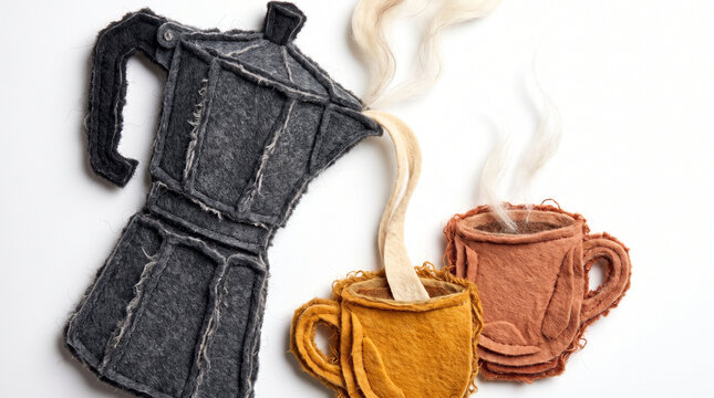 Felt coffee pot pouring into two colorful mugs with steam rising  