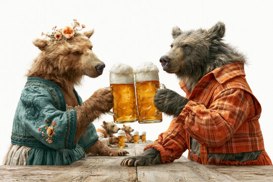 Two bears dressed in traditional Bavarian clothing sitting with beer mugs, Oktoberfest concept