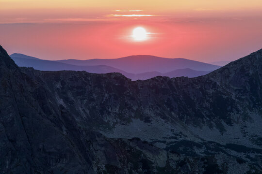 sunset in the mountains from Custura Bucurei Peak, Retezat Mountains, Romania 