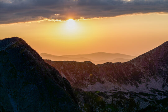 sunset in the mountains, Custura Bucurei Peak, Retezat Mountains, Romania 