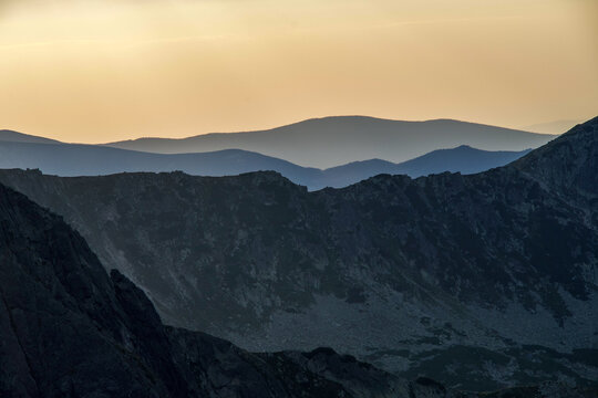 sunset in Mountains from Custura Bucurei Peak, Retezat Mountains, Romania 