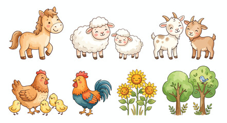 Obraz premium Adorable farm animals and plants cheerful cartoon characters horse sheep goat chicken sunflowers trees.