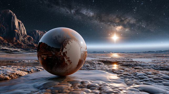 Pluto dwarf planet sphere resting on ice surface under starry sky with distant Sun. Astronomy and planetology concept. 3D landscape illustration for space exploration, sci-fi backgroun