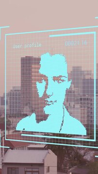 Animation of changing profile icons against aerial view of cityscape