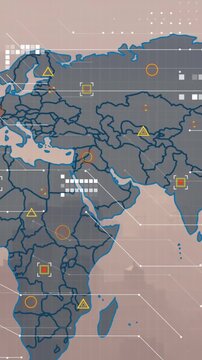 Animation of world map and data processing against aerial view of cityscape