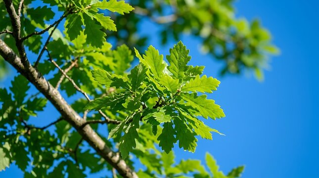 Close-up of vibrant green tree leaves against bright blue sky in summer sunlight