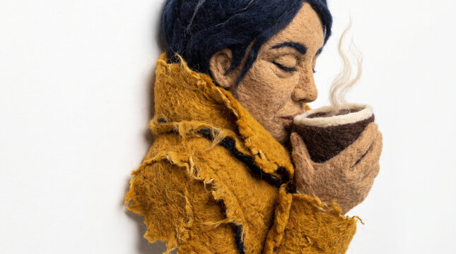 Woman sipping coffee in a textured yellow jacket with steam rising  