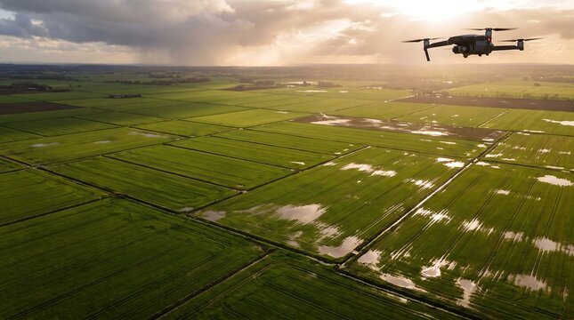 Modern agricultural drone flying over green flooded fields at sunset for smart farming and precision crop monitoring