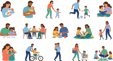 Fototapeta premium Diverse family units enjoying everyday activities together with warmth and connection vector illustrations