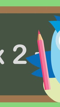 Animation of digital owl and book icons over blackboard on green background