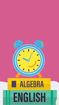 Animation of digital book and clock icons on pink background