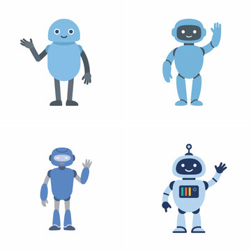 Set of four friendly blue robot character illustrations waving and greeting