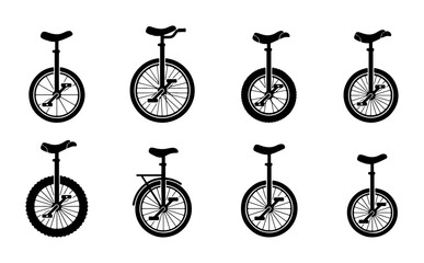 Set of 8 Black and White Unicycle Icons, Circus Bicycle Graphics, One Wheel Transport Vector Collection © Priyo