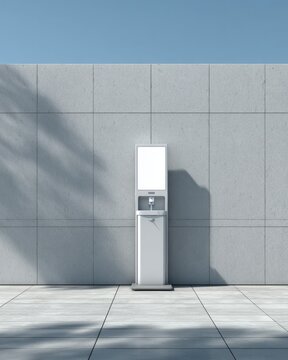 Touchless Sanitizer Station with Blank Sign on Modern Concrete Wall